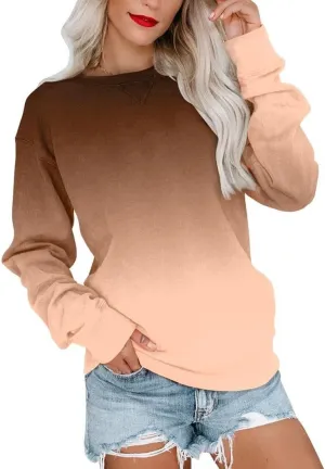 BeadChica Womens Casual Round Neck Sweatshirt Long Sleeve Tops Cute Pullover Loose Fit-Gradient-L
