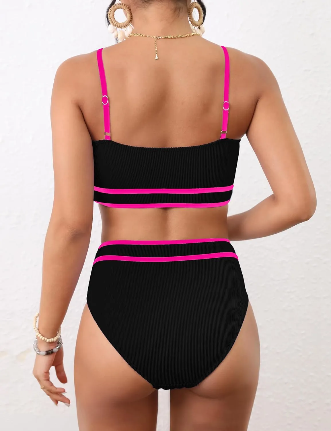 BMJL Women's High Waisted Bikini Ribbed Two Piece Swimsuit High Cut Color Block Adjustable Straps Bathing Suit