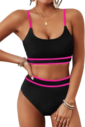 BMJL Women's High Waisted Bikini Ribbed Two Piece Swimsuit High Cut Color Block Adjustable Straps Bathing Suit