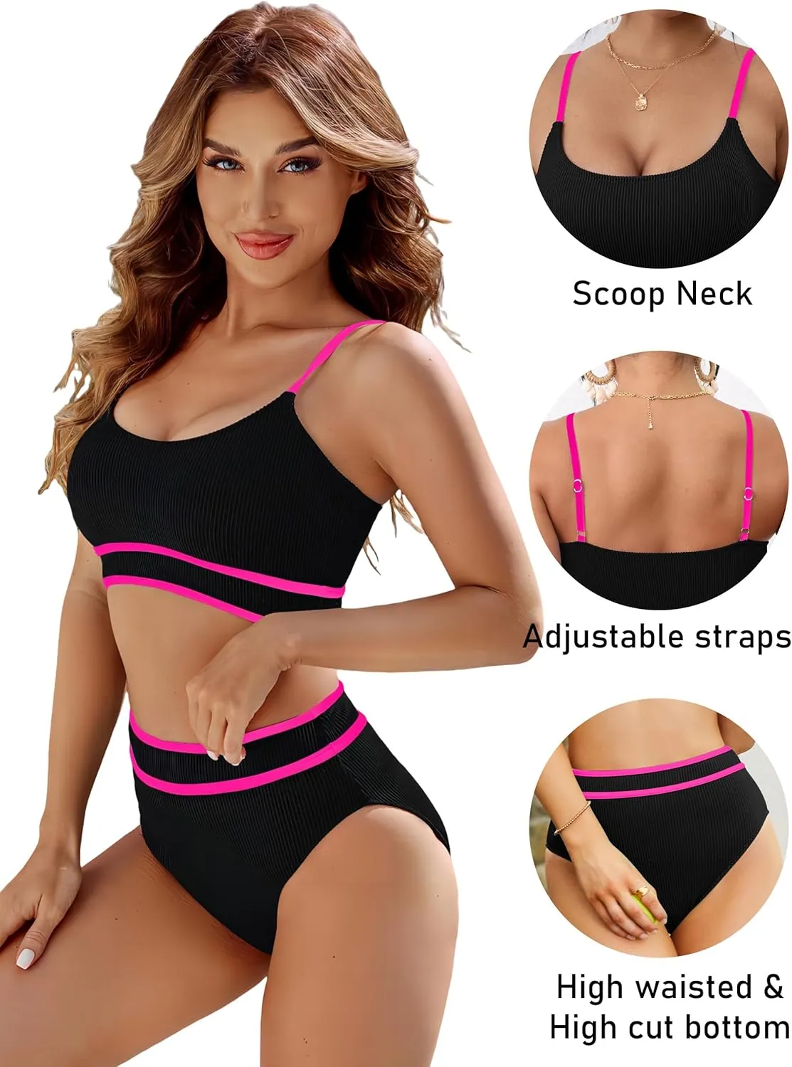 BMJL Women's High Waisted Bikini Ribbed Two Piece Swimsuit High Cut Color Block Adjustable Straps Bathing Suit