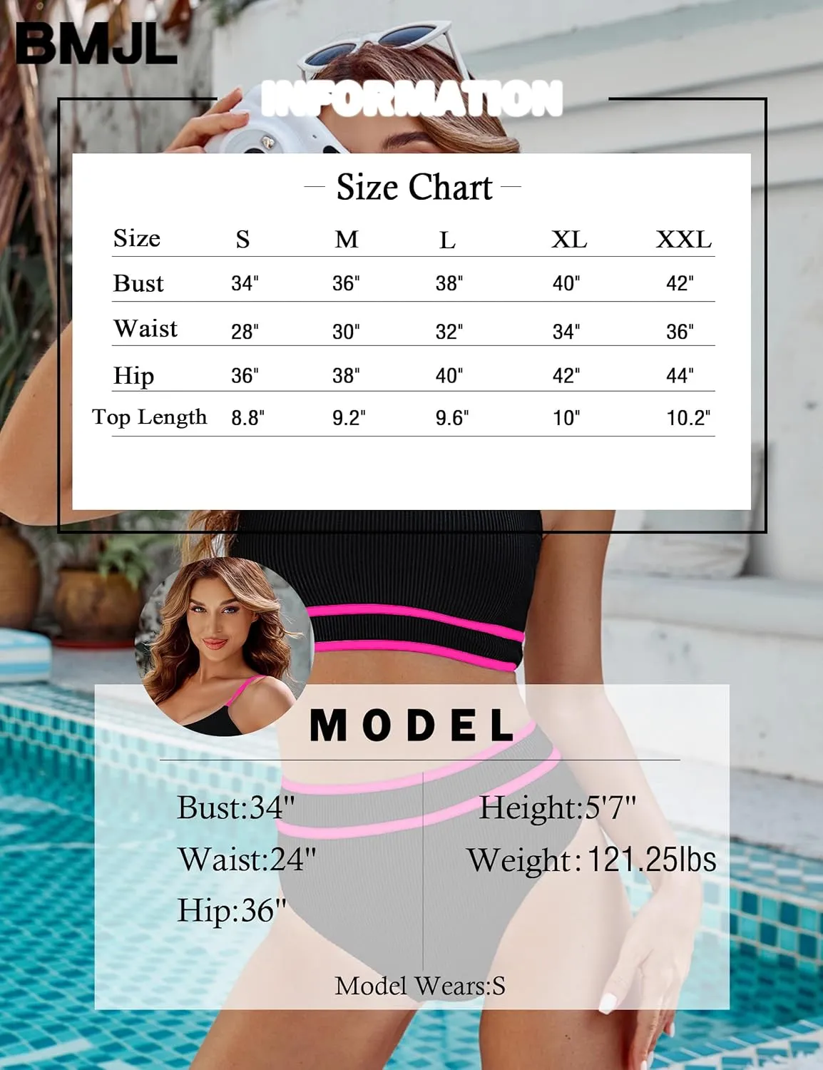 BMJL Women's High Waisted Bikini Ribbed Two Piece Swimsuit High Cut Color Block Adjustable Straps Bathing Suit