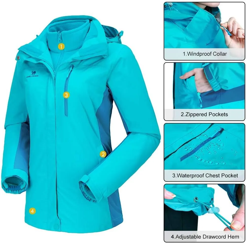 CAMEL CROWN Women's Waterproof Ski Jacket 3 in 1 Winter Coat Windbreaker Snowboard Jackets for Rain Snow Outdoor Hiking