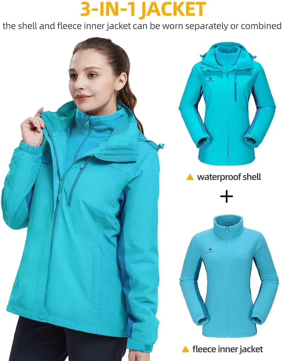 CAMEL CROWN Women's Waterproof Ski Jacket 3 in 1 Winter Coat Windbreaker Snowboard Jackets for Rain Snow Outdoor Hiking