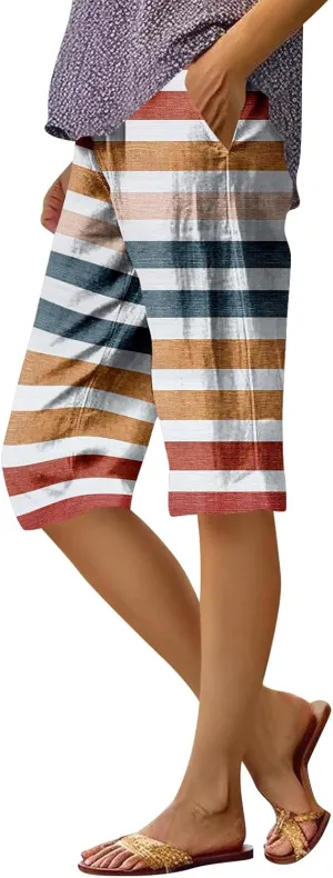 Capri Pants for Women Bermuda Shorts High Waisted Wide Leg Cropped Linen Pants Casual Palazzo Pant with Pockets