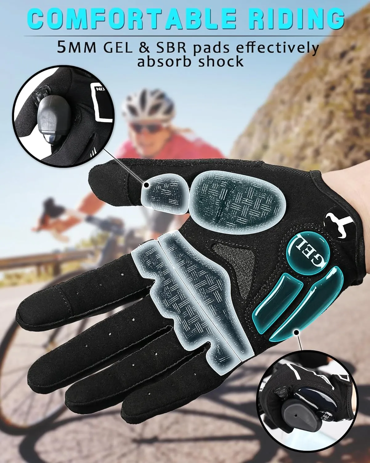 Cycling Gloves for Men Women, 5MM Gel Pad Shock-Absorbing Bike Gloves with Touch Screen Sweat Wipe Breathable Anti-Slip Full Finger Biking Gloves for MTB Road Bicycle