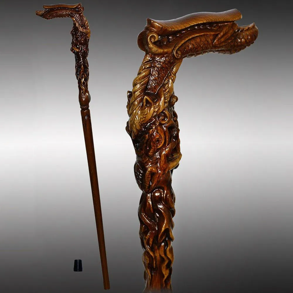Dark Fiery Dragon Oak Wood Artisan Intricate Handcarved Cane