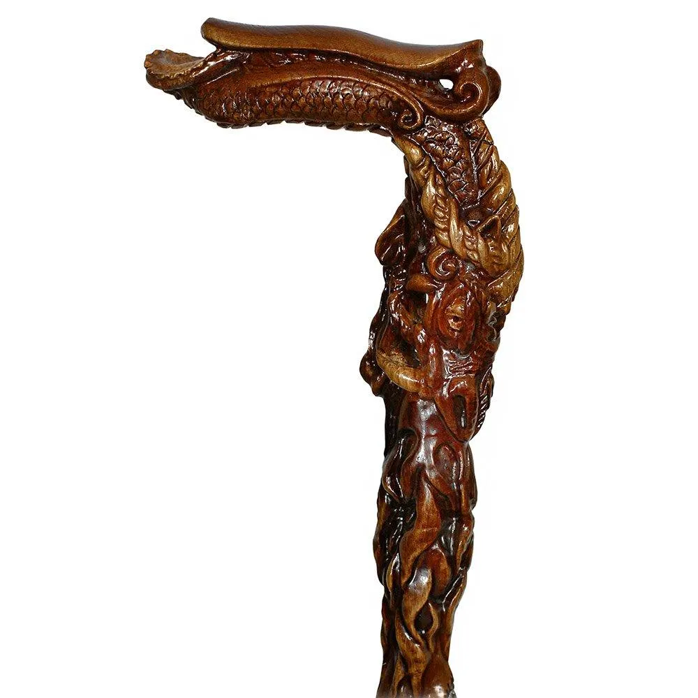 Dark Fiery Dragon Oak Wood Artisan Intricate Handcarved Cane