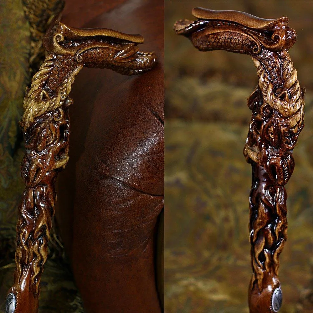 Dark Fiery Dragon Oak Wood Artisan Intricate Handcarved Cane