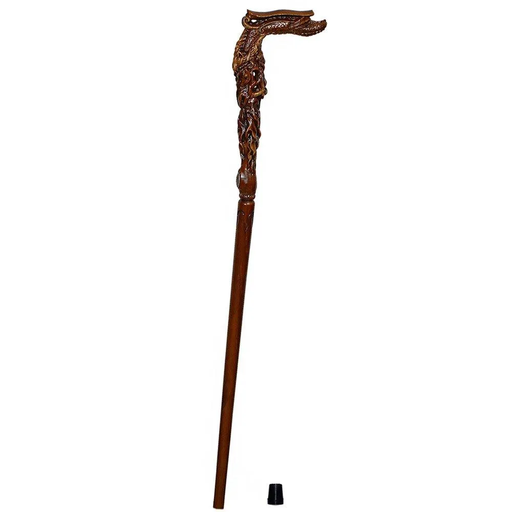Dark Fiery Dragon Oak Wood Artisan Intricate Handcarved Cane