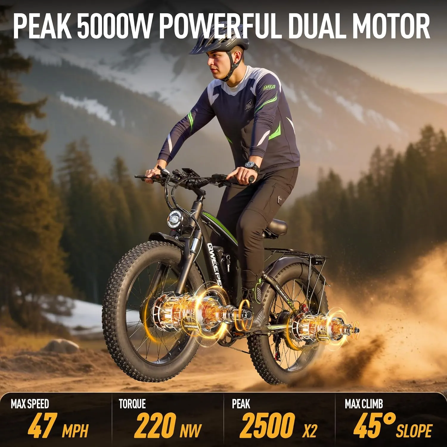 Dual Motor Peak 3000W/5000W Electric Bike for Adults,48V/52V 23AH/32AH Battery Ebike Fast 37-40-47MPH 87-100 Miles Long Range 24/26 Inch Fat Tire Commuter Electric Bicycle for Men Women UL Certified