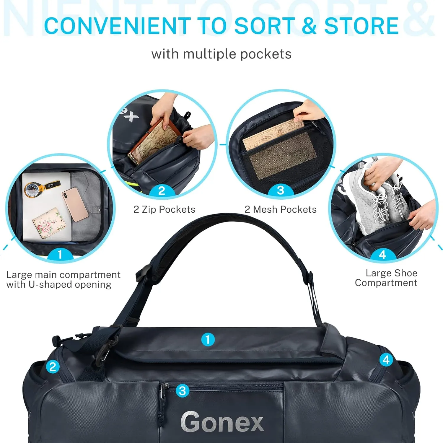 Gonex 80L Duffel Bag Backpack, Convertible to Gym Backpack and Handbag for Men Women, Water-Repellent for Hiking Camping Travelling Cycling, Dark Blue