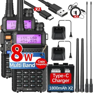 Ham Radio BAOFENG UV-5R Long Range UV5R 8w New Ver. Handheld Walkie Talkies Two Way Radio M-5R 5RX USB-C Charger Multi Band Copy Frequency for Survival Gear Camping,2 Pack