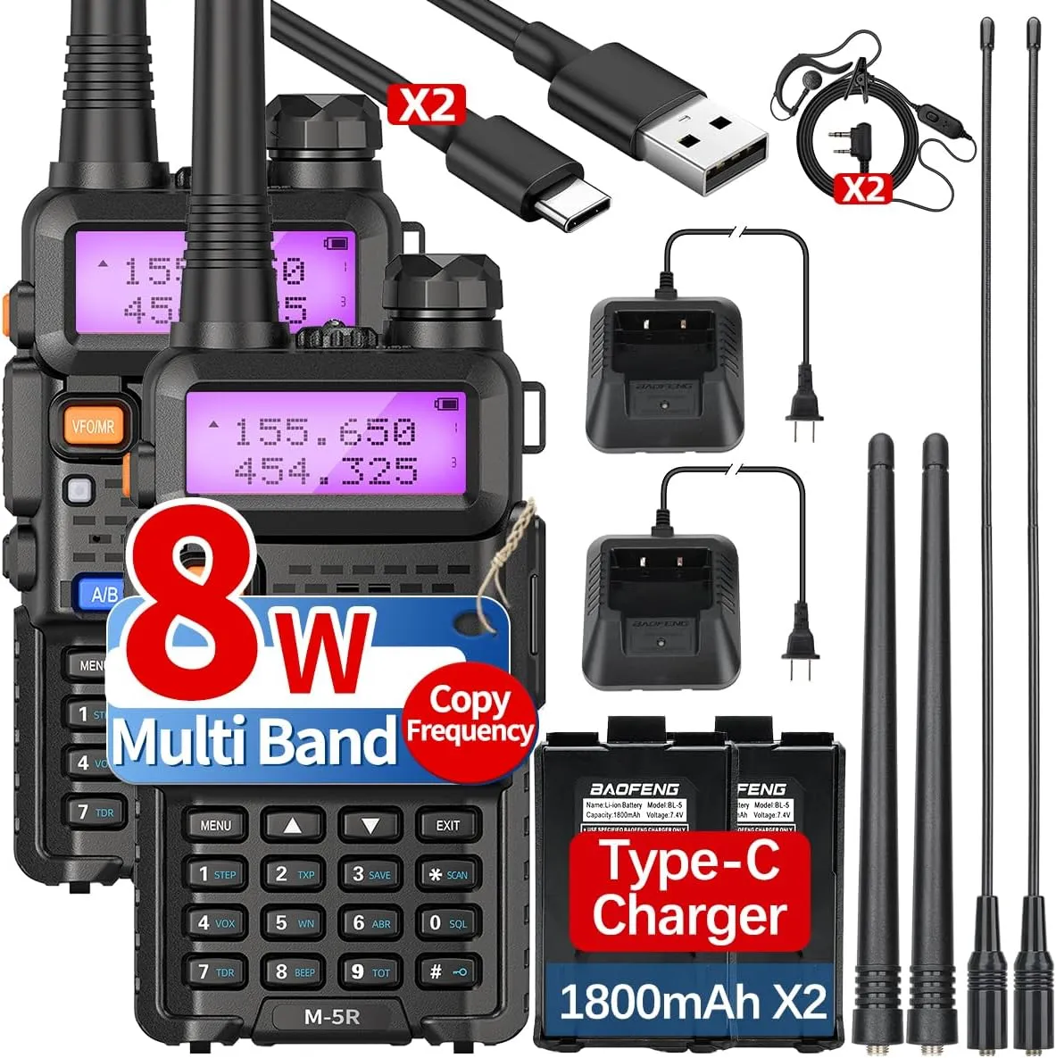 Ham Radio BAOFENG UV-5R Long Range UV5R 8w New Ver. Handheld Walkie Talkies Two Way Radio M-5R 5RX USB-C Charger Multi Band Copy Frequency for Survival Gear Camping,2 Pack