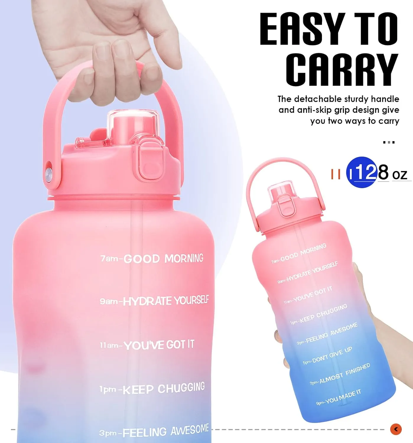 HydroPal 1 Gallon Water Bottles with Straw, 128 oz / 3.8L Water Bottle BPA Free Innovative 2-IN-1 Lid Gym Bottle with Times to Drink Motivational, Large for Sports Fitness Camping Water Jug One Gallon