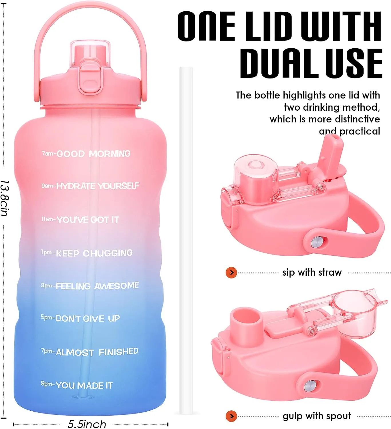 HydroPal 1 Gallon Water Bottles with Straw, 128 oz / 3.8L Water Bottle BPA Free Innovative 2-IN-1 Lid Gym Bottle with Times to Drink Motivational, Large for Sports Fitness Camping Water Jug One Gallon