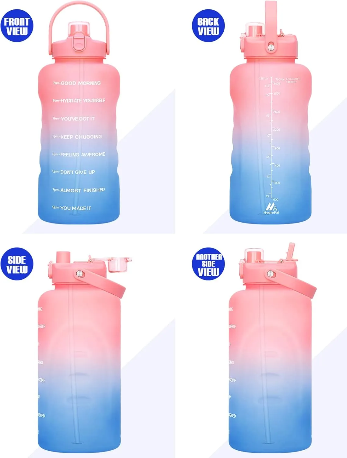 HydroPal 1 Gallon Water Bottles with Straw, 128 oz / 3.8L Water Bottle BPA Free Innovative 2-IN-1 Lid Gym Bottle with Times to Drink Motivational, Large for Sports Fitness Camping Water Jug One Gallon