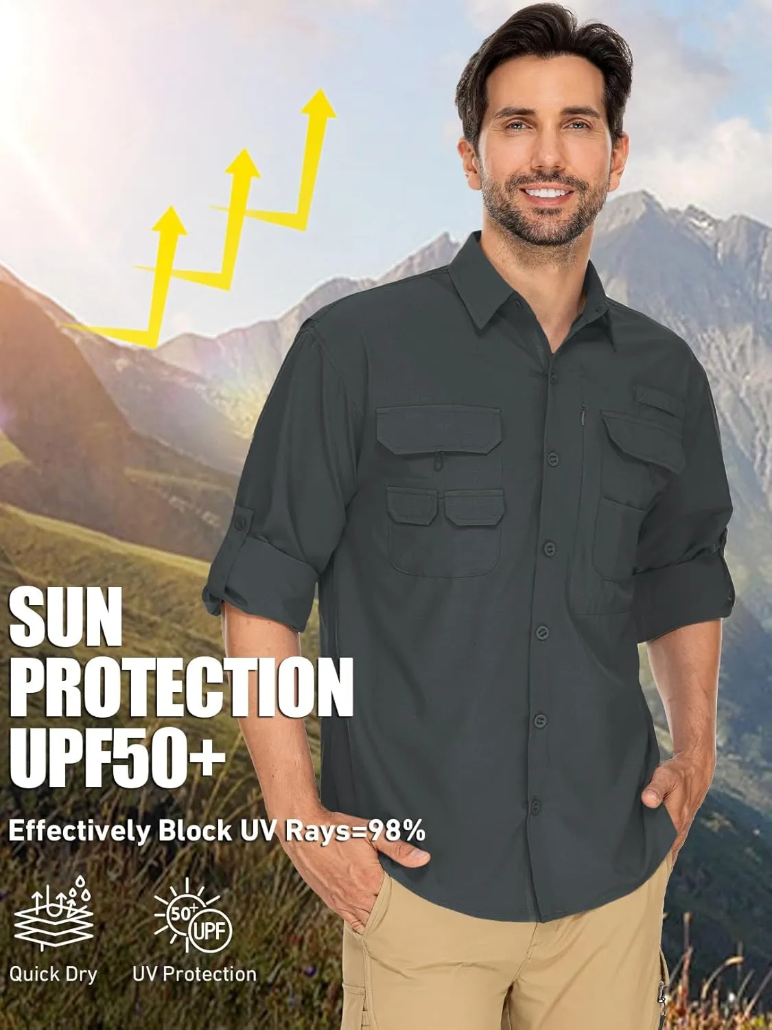linlon Mens Safari Shirts Long Sleeve UV Protection Hiking Fishing UPF 50  Quick Dry Cooling Camping Travel Shirts
