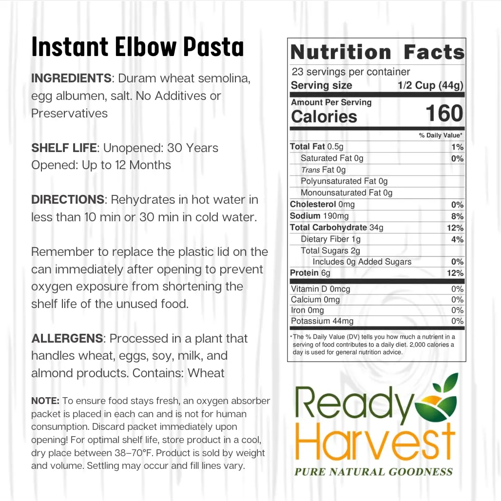 Ready Harvest Quick-Cook Pasta Elbows - 30 Year Shelf Life - Six #10 Cans