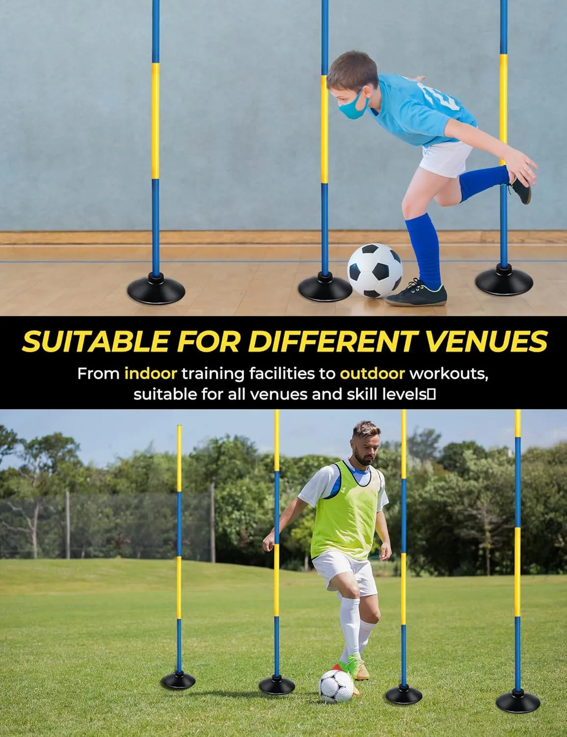 SEAOTTER Soccer Agility Poles Set, 4/6/10 Pcs 6ft Detachable Sports Trainning Speed Poles Slalom Poles with Rubber Base, Agility Training Equipment for Football, Rugby, Basketball, Indoor & Outdoor