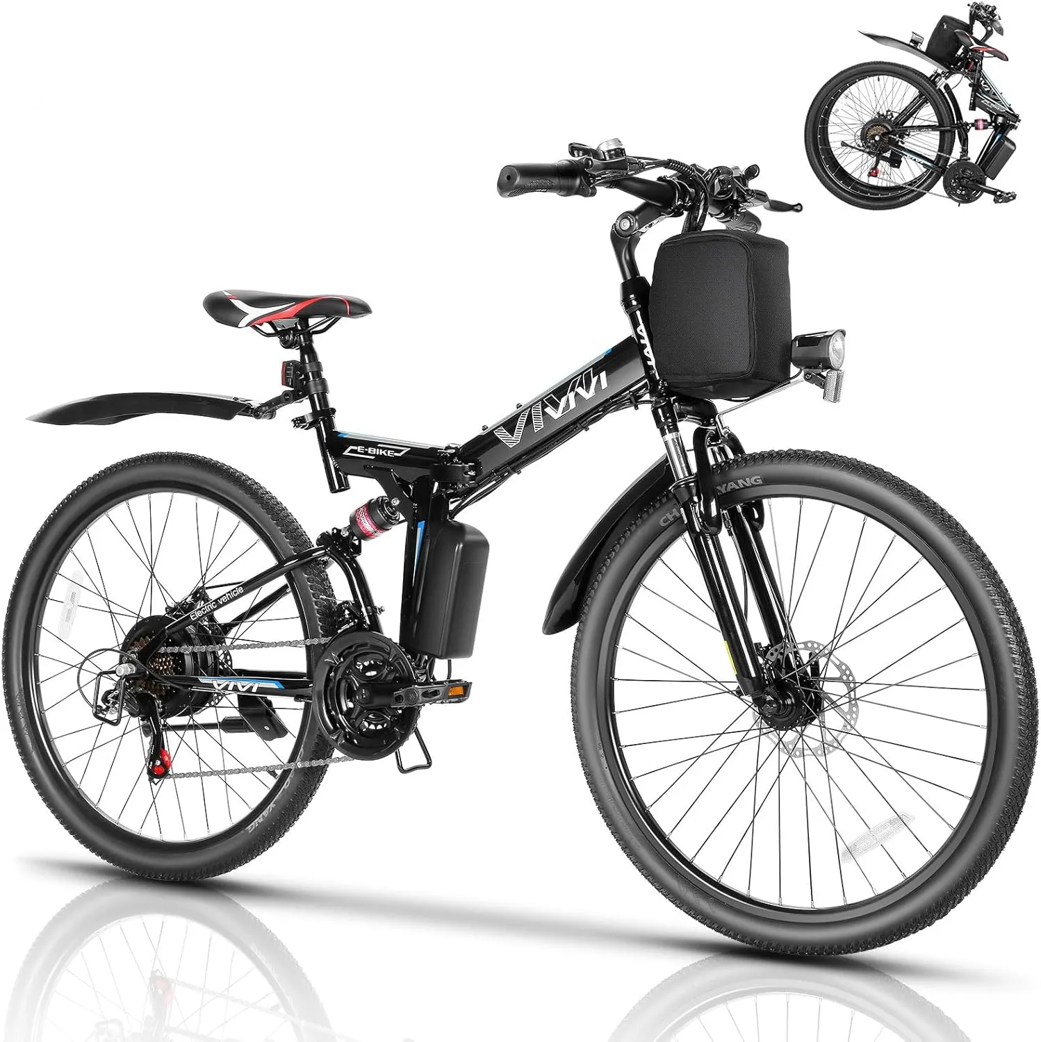 Vivi M026TGB Electric Bike 26" Electric Bike for Adults, Peak 750W Folding Electric Mountain Bike, 48V Removable Lithium Battery, 21 Speed, Top 22 Mph, Up to 50 Miles, Dual Shock Absorber, UL 2849