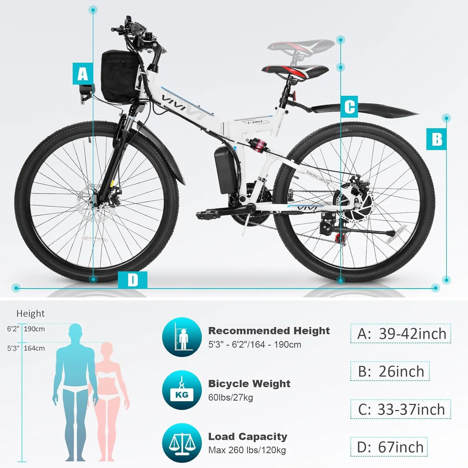 Vivi M026TGB Electric Bike 26" Electric Bike for Adults, Peak 750W Folding Electric Mountain Bike, 48V Removable Lithium Battery, 21 Speed, Top 22 Mph, Up to 50 Miles, Dual Shock Absorber, UL 2849