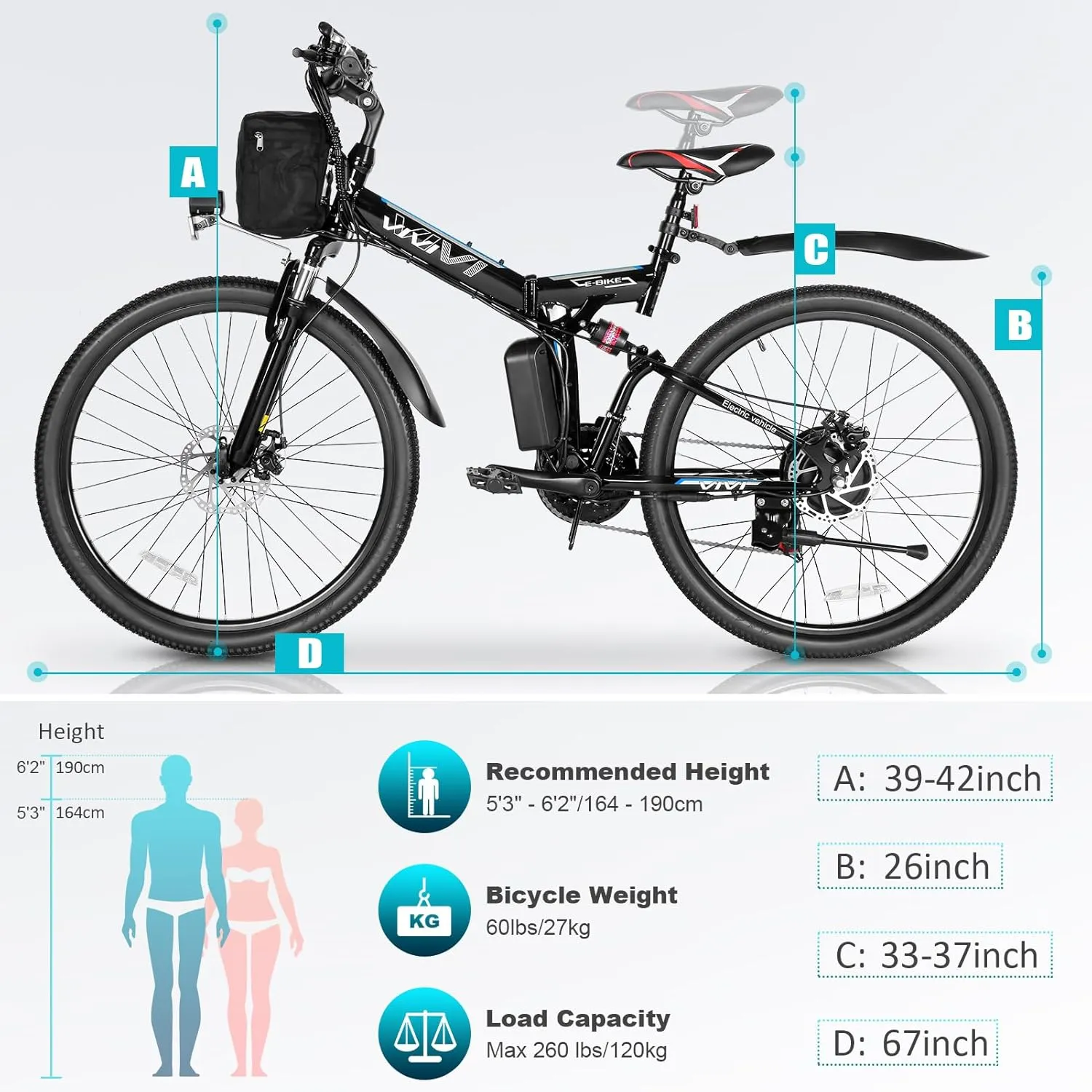 Vivi M026TGB Electric Bike 26" Electric Bike for Adults, Peak 750W Folding Electric Mountain Bike, 48V Removable Lithium Battery, 21 Speed, Top 22 Mph, Up to 50 Miles, Dual Shock Absorber, UL 2849