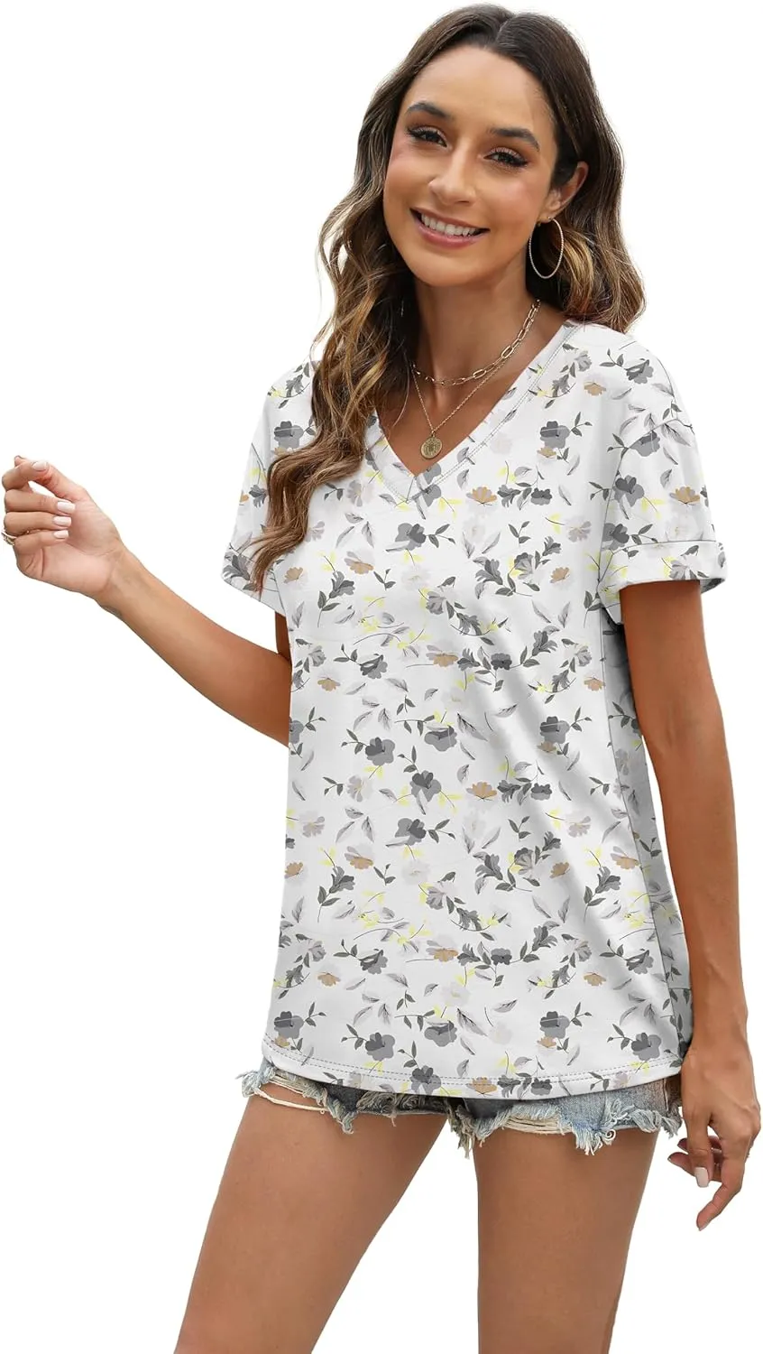 WEESO Womens T Shirts Short Sleeve Summer Tops Cute V Neck Casual Blouses
