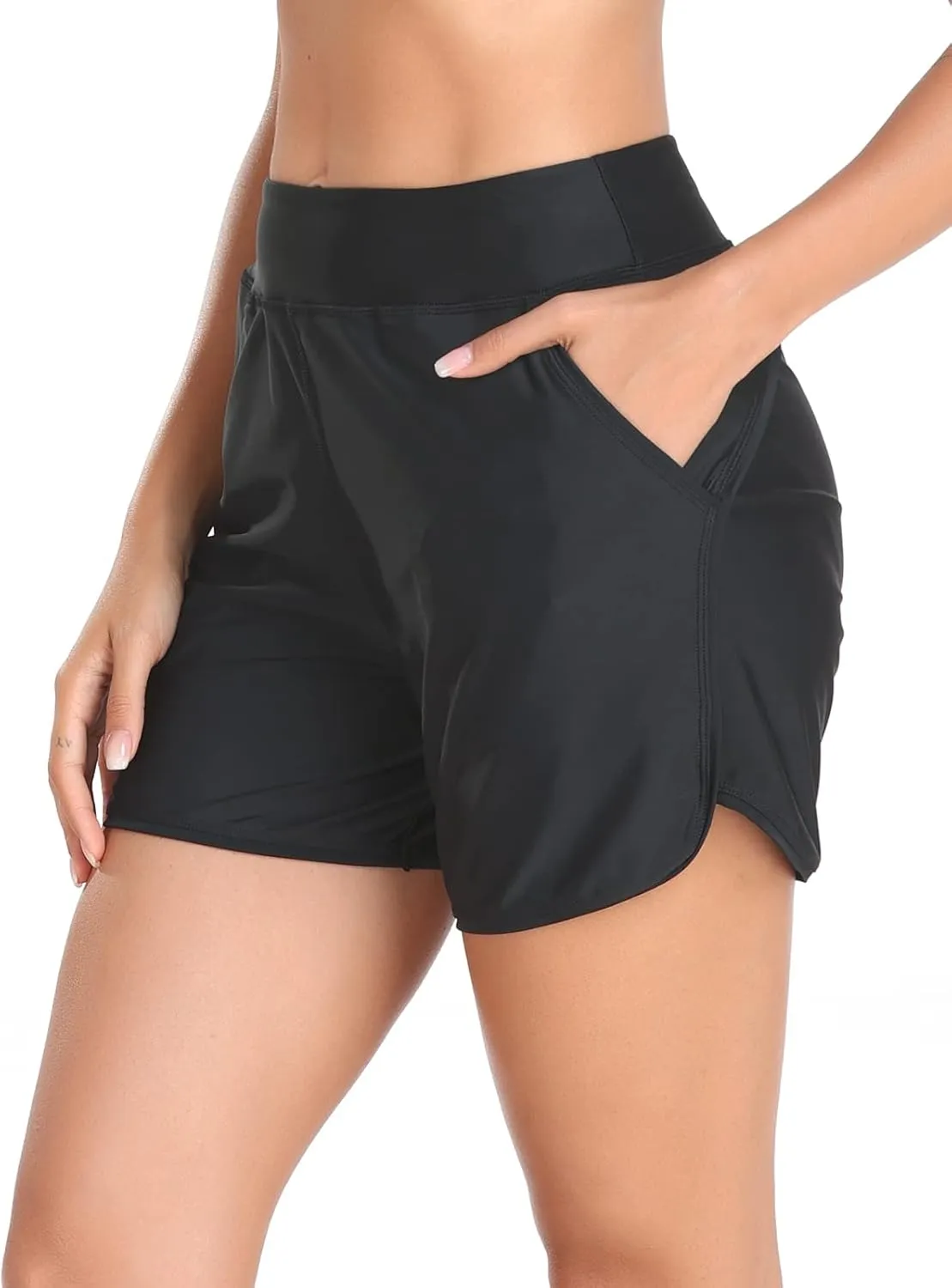 Women's High Waisted Board Shorts UV Sun Protection Beach Shorts Quick Dry Athletic Swim Shorts