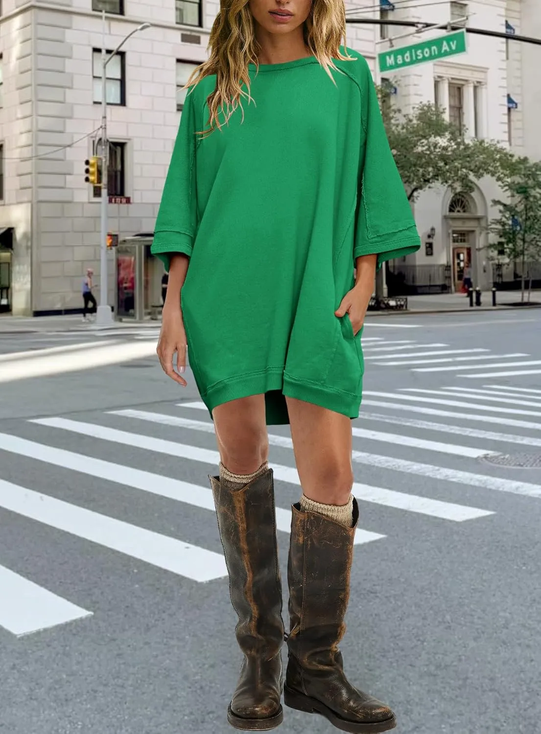 Yanekop Womens Tunic Sweatshirt Dress Oversized Long Sweatshirts Crewneck Half Sleeve Pullover Tops Spring Outfits
