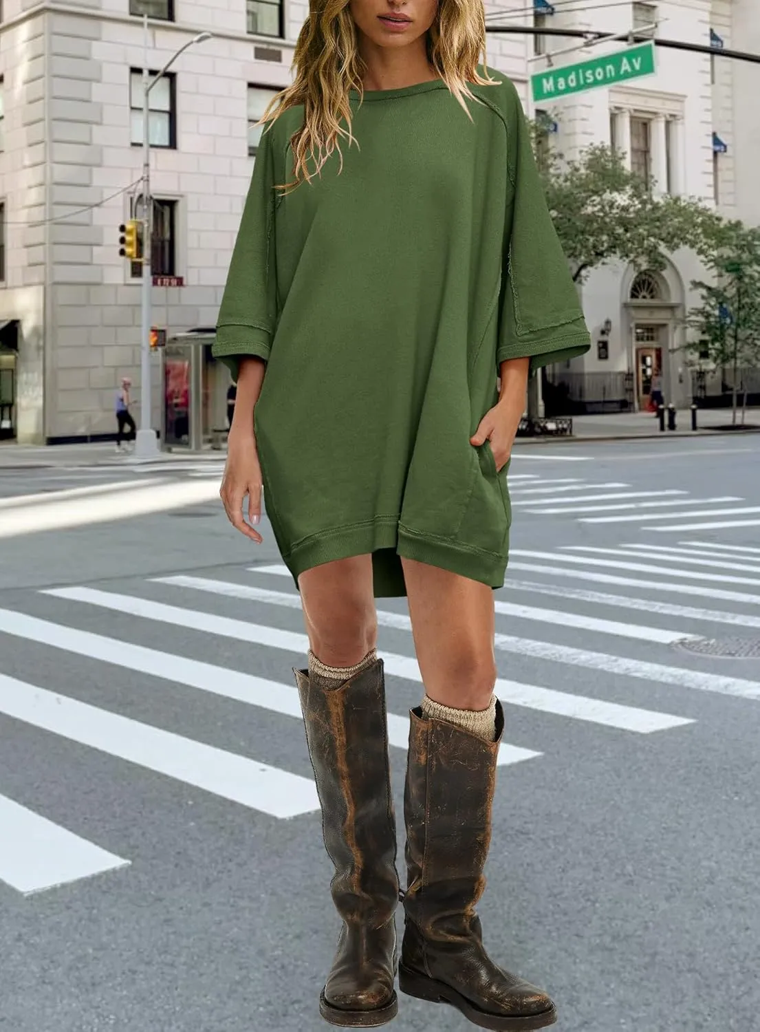 Yanekop Womens Tunic Sweatshirt Dress Oversized Long Sweatshirts Crewneck Half Sleeve Pullover Tops Spring Outfits